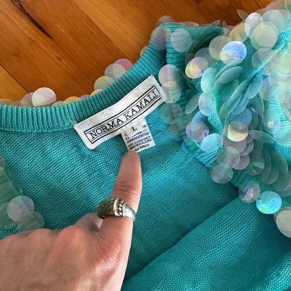 Vintage Norma Kamali dress sequined sequin teal Turquoise mermaid sz L paillete - Picture 15 of 17